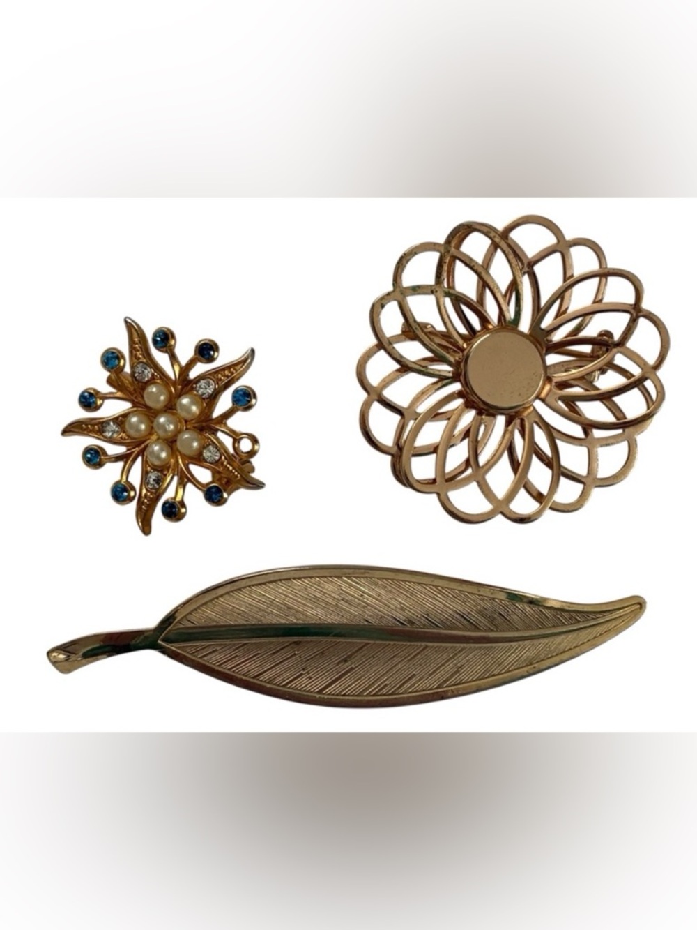 VINTAGE BROOCH BUNDLE GOLD TONE FLORAL LEAF COSTUME JEWELLERY